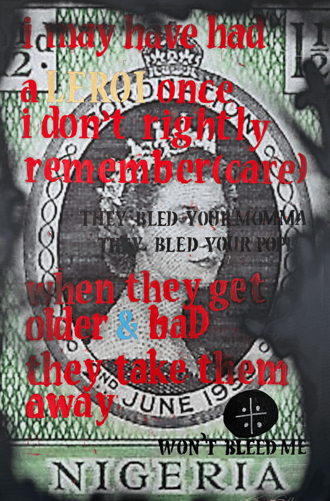 Painting titled: Mum, once: Nigeria (V2), 2025
by artist Marcus John Guillory
Oil, Aerosol, Ink Transfer on Canvas
36"x15"